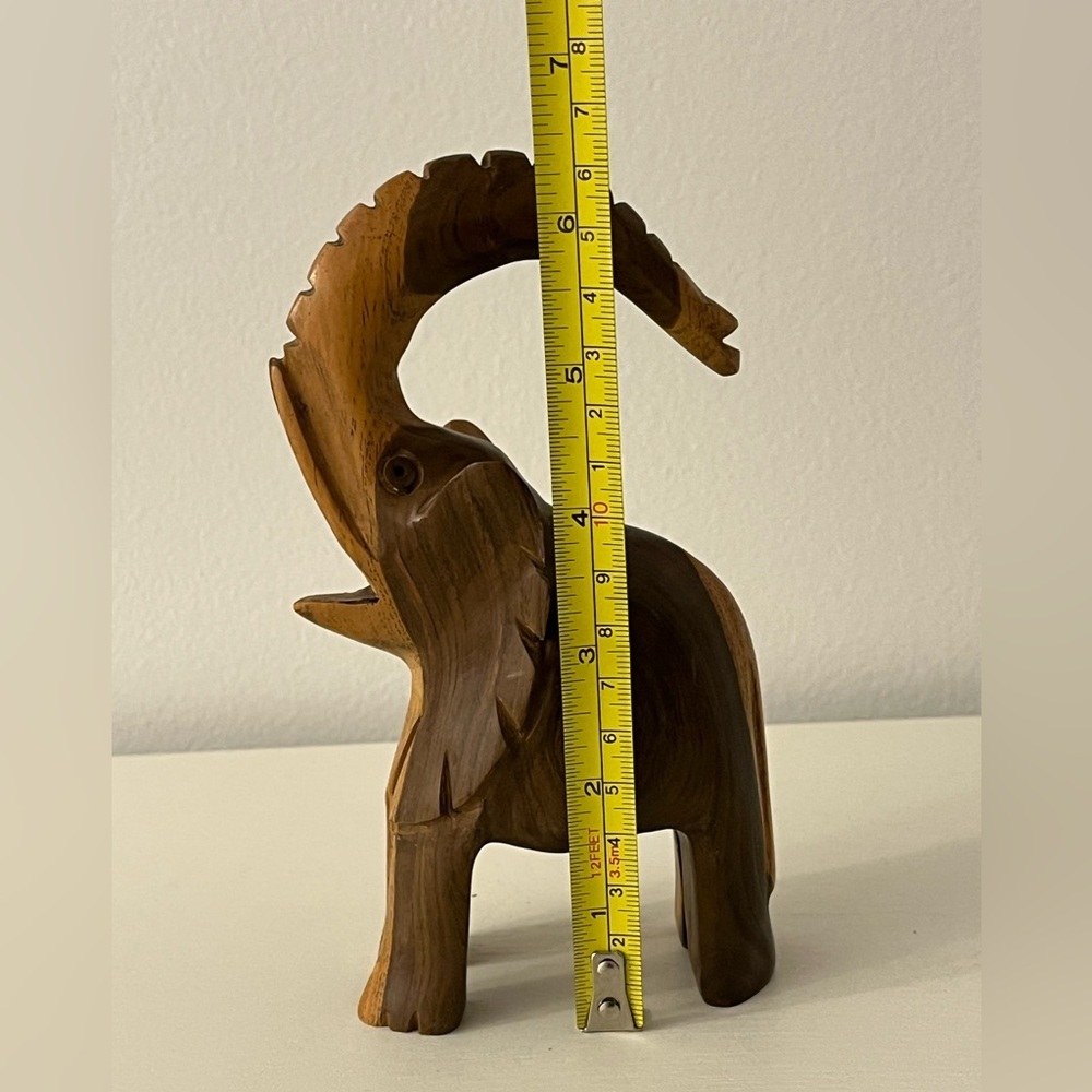 Vintage Hand Carved Wooden Elephant With Raised Trunk Good Luck Animal Figurine - Picture 7 of 10